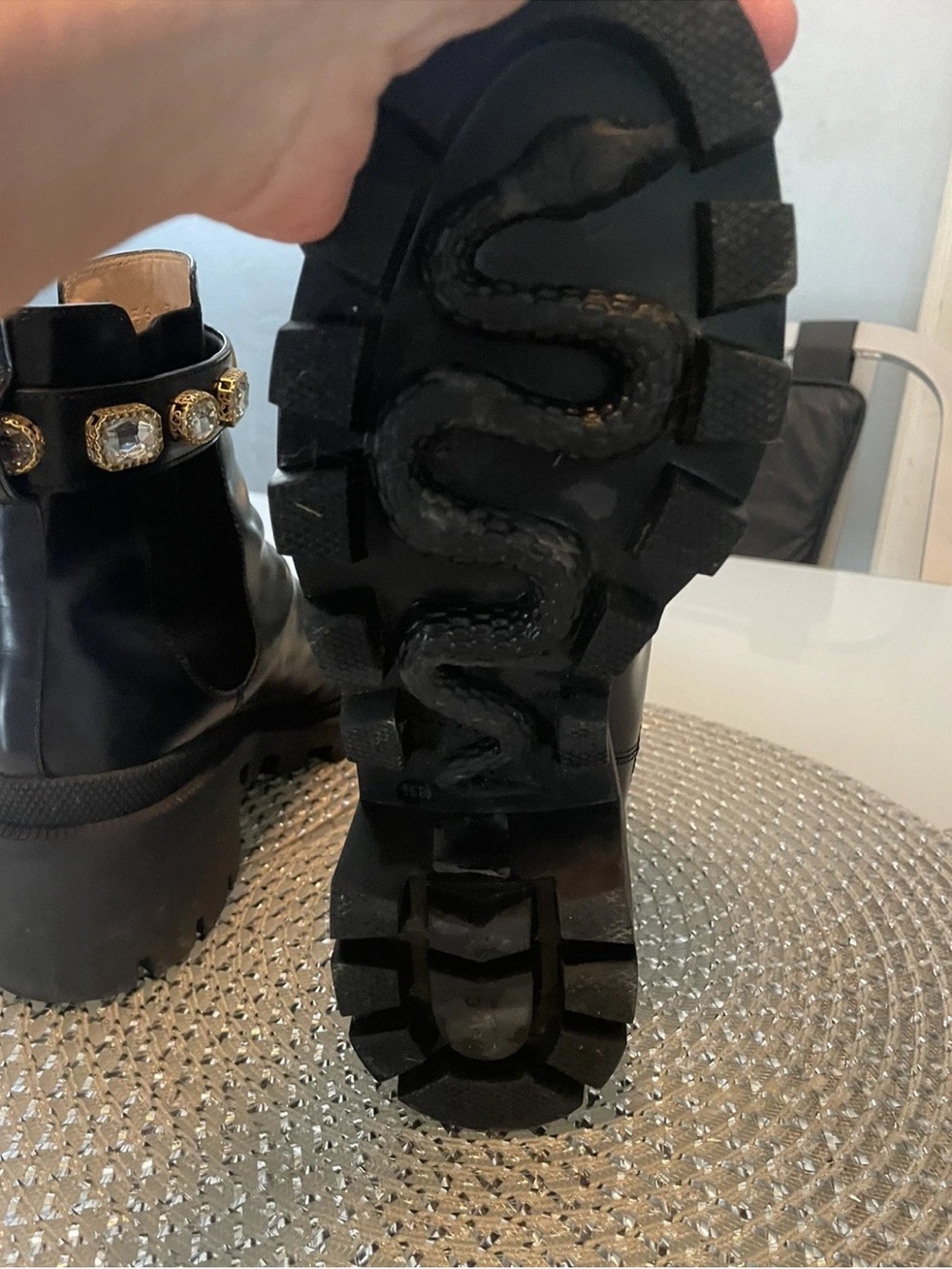 Gucci Magnum BLK Leather Platform Lug Ankle Boots w/Gold GG & Crystal Accent SZ9 - Picture 7 of 13